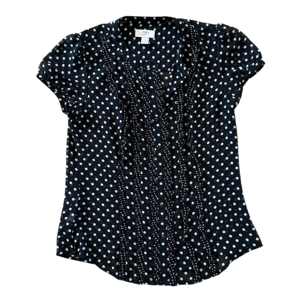 ANN TAYLOR LOFT POLKA DOT SHORT SLEEVED SHEER BLOUSE RUFFLES BLACK WHITE SIZE 2
